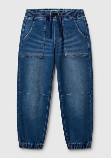  Erkek Çocuk Koyu Denim Logo Detaylı Büzgü İpli Denim Jogger Pantolon