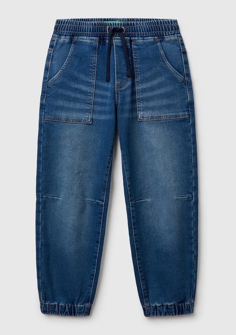  Erkek Çocuk Koyu Denim Logo Detaylı Büzgü İpli Denim Jogger Pantolon