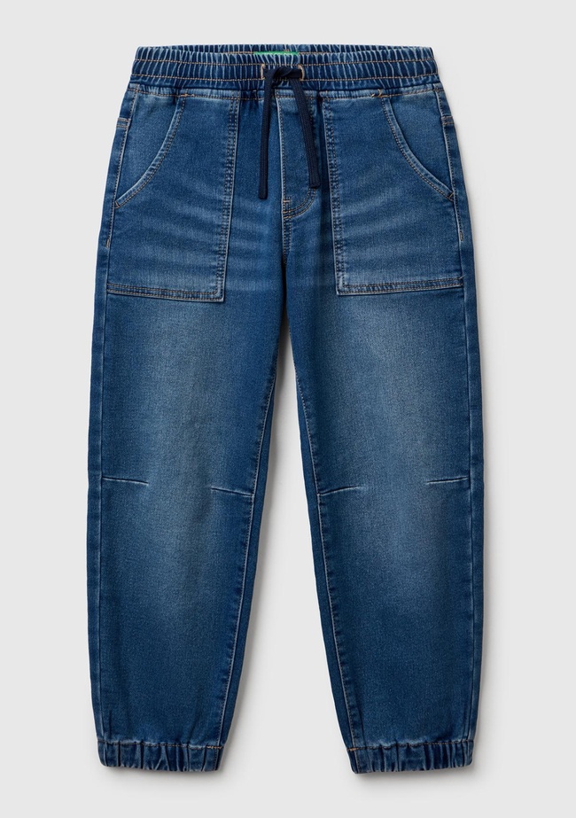  Erkek Çocuk Koyu Denim Logo Detaylı Büzgü İpli Denim Jogger Pantolon