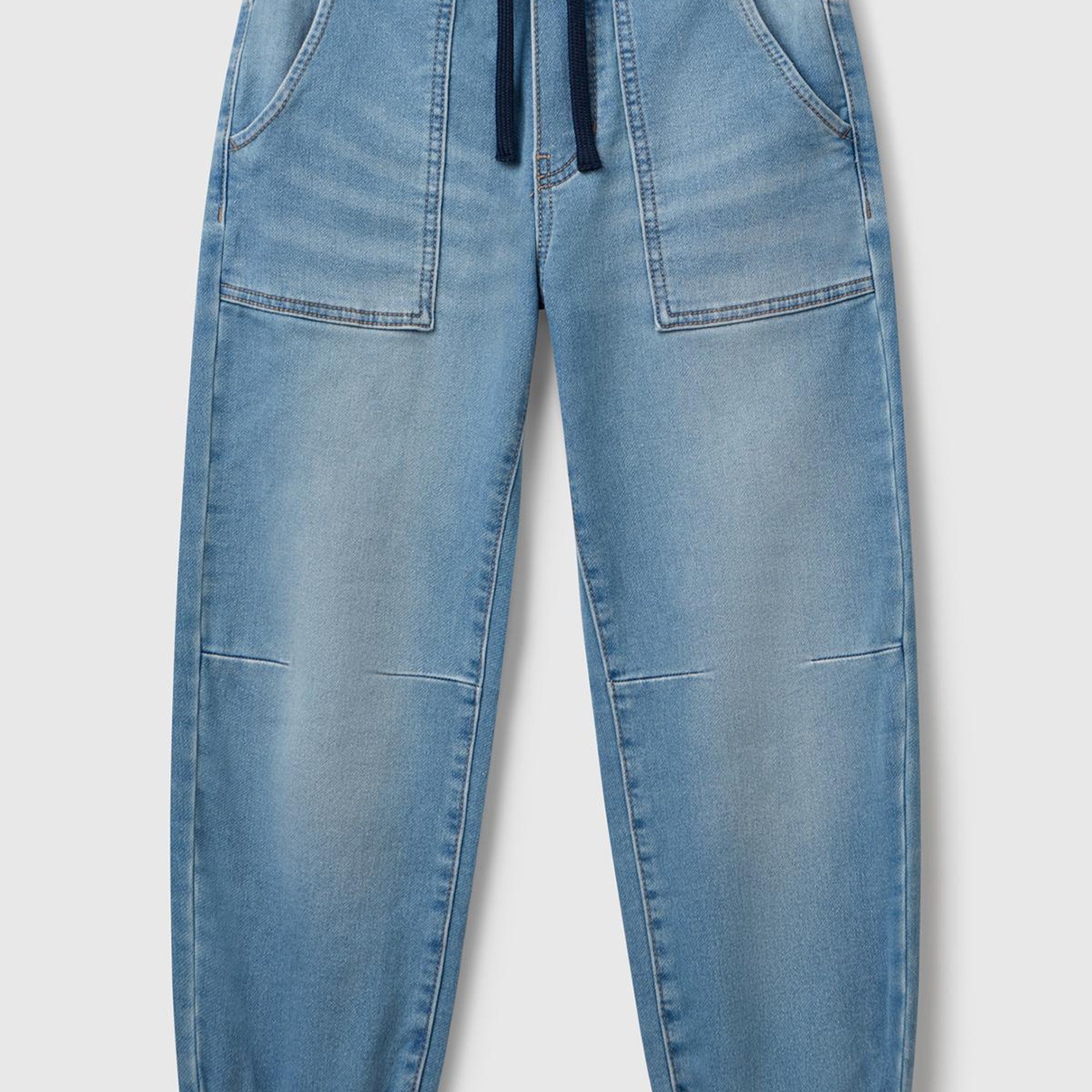 Erkek Çocuk Açık Denim Logo Detaylı Büzgü İpli Denim Jogger Pantolon