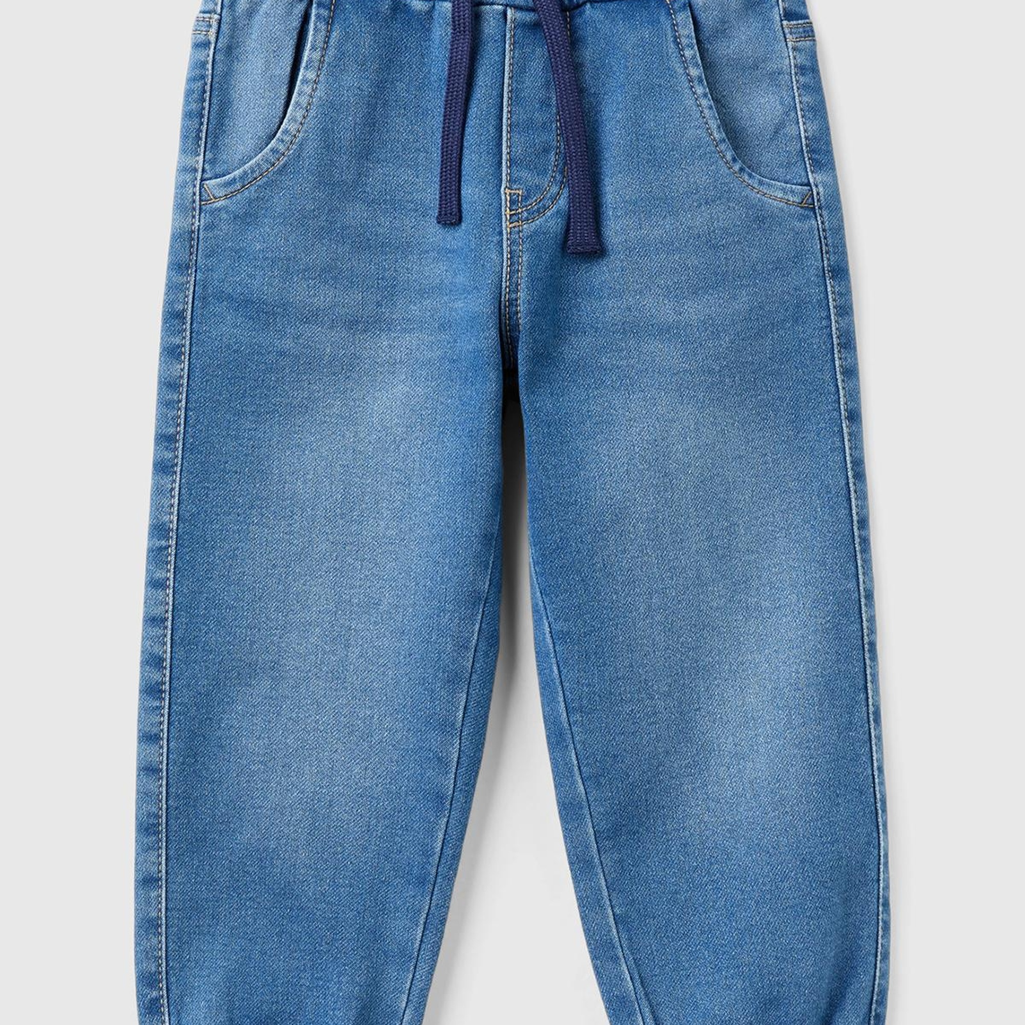 Erkek Çocuk Koyu Denim Arka Cebi Logolu Lastik Paça Ağartılmış Denim Pantolon