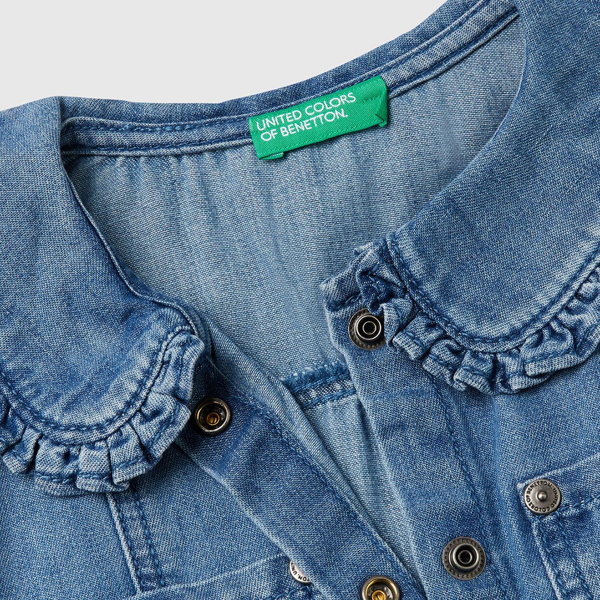 Kız Çocuk Denim Önü Çıtçıt Düğmeli Yama Cepli Kısa Kollu Denim Elbise