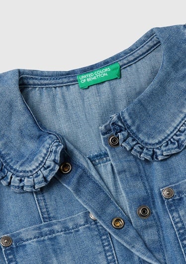  Kız Çocuk Denim Önü Çıtçıt Düğmeli Yama Cepli Kısa Kollu Denim Elbise