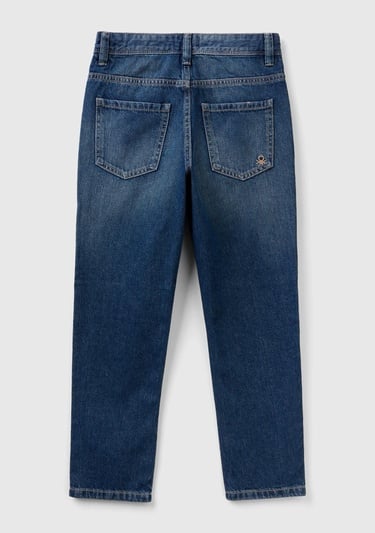  Erkek Çocuk Koyu Denim Arkası Logo İşlemeli 5 Cepli Düz Kesim Denim Pantolon