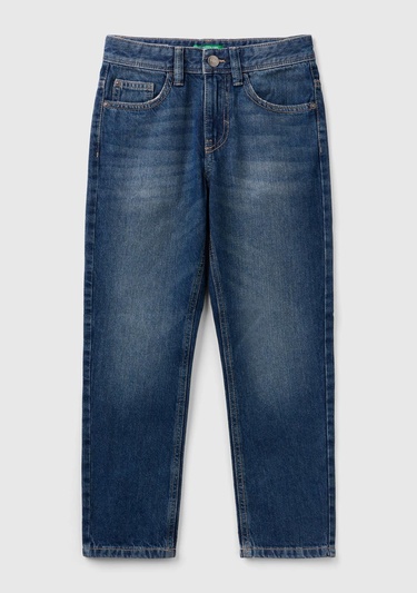  Erkek Çocuk Koyu Denim Arkası Logo İşlemeli 5 Cepli Düz Kesim Denim Pantolon