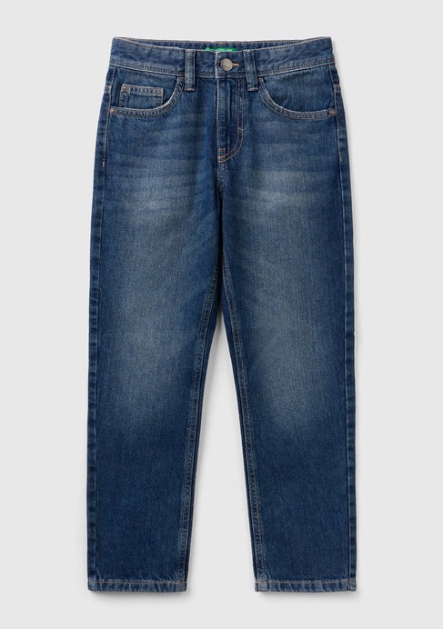  Erkek Çocuk Koyu Denim Arkası Logo İşlemeli 5 Cepli Düz Kesim Denim Pantolon