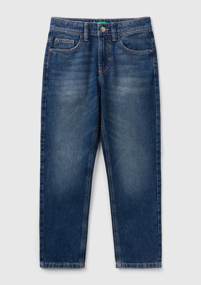  Erkek Çocuk Koyu Denim Arkası Logo İşlemeli 5 Cepli Düz Kesim Denim Pantolon