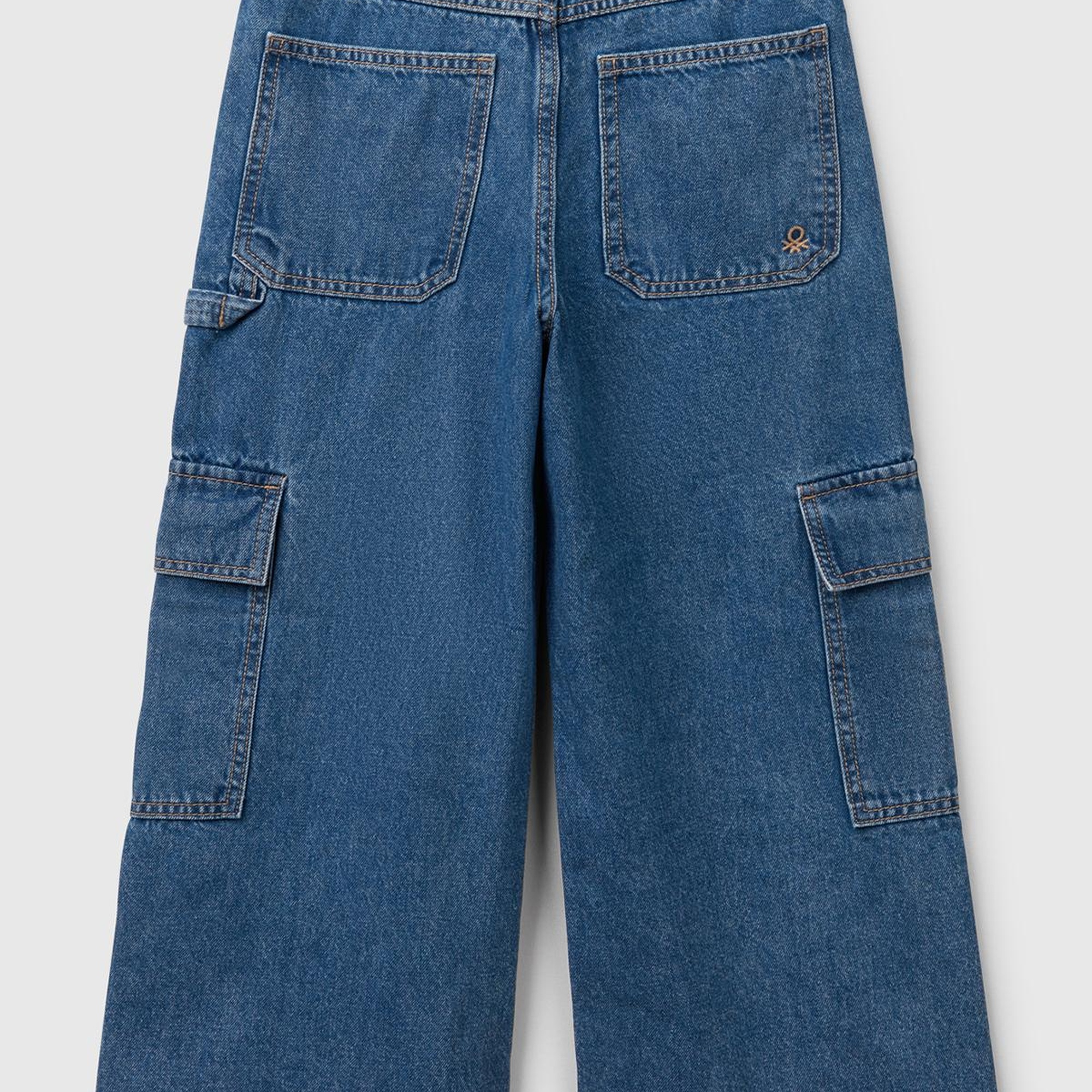 Kız Çocuk Denim Taş Yıkama Wide Fit Kargo Denim Pantolon