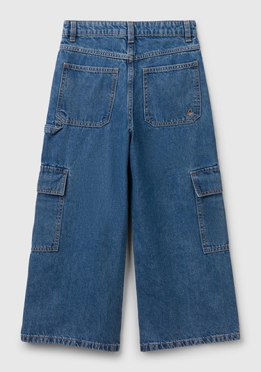  Kız Çocuk Denim Taş Yıkama Wide Fit Kargo Denim Pantolon