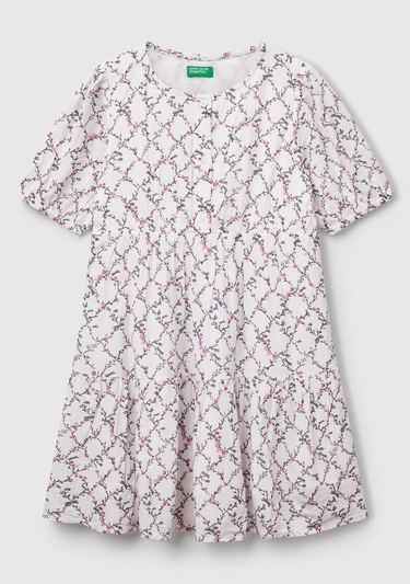  Kız Çocuk Beyaz Mix Viskozlu Desenli Önü Düğmeli Pileli Katlı Kısa Kollu Elbise