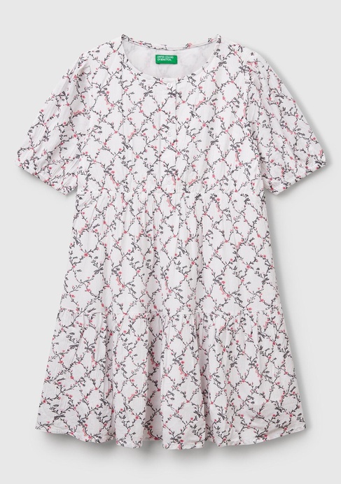  Kız Çocuk Beyaz Mix Viskozlu Desenli Önü Düğmeli Pileli Katlı Kısa Kollu Elbise