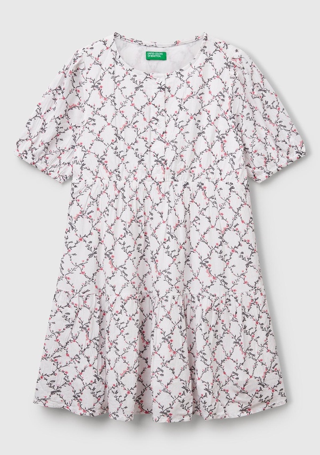  Kız Çocuk Beyaz Mix Viskozlu Desenli Önü Düğmeli Pileli Katlı Kısa Kollu Elbise