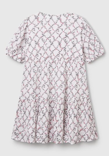  Kız Çocuk Beyaz Mix Viskozlu Desenli Önü Düğmeli Pileli Katlı Kısa Kollu Elbise