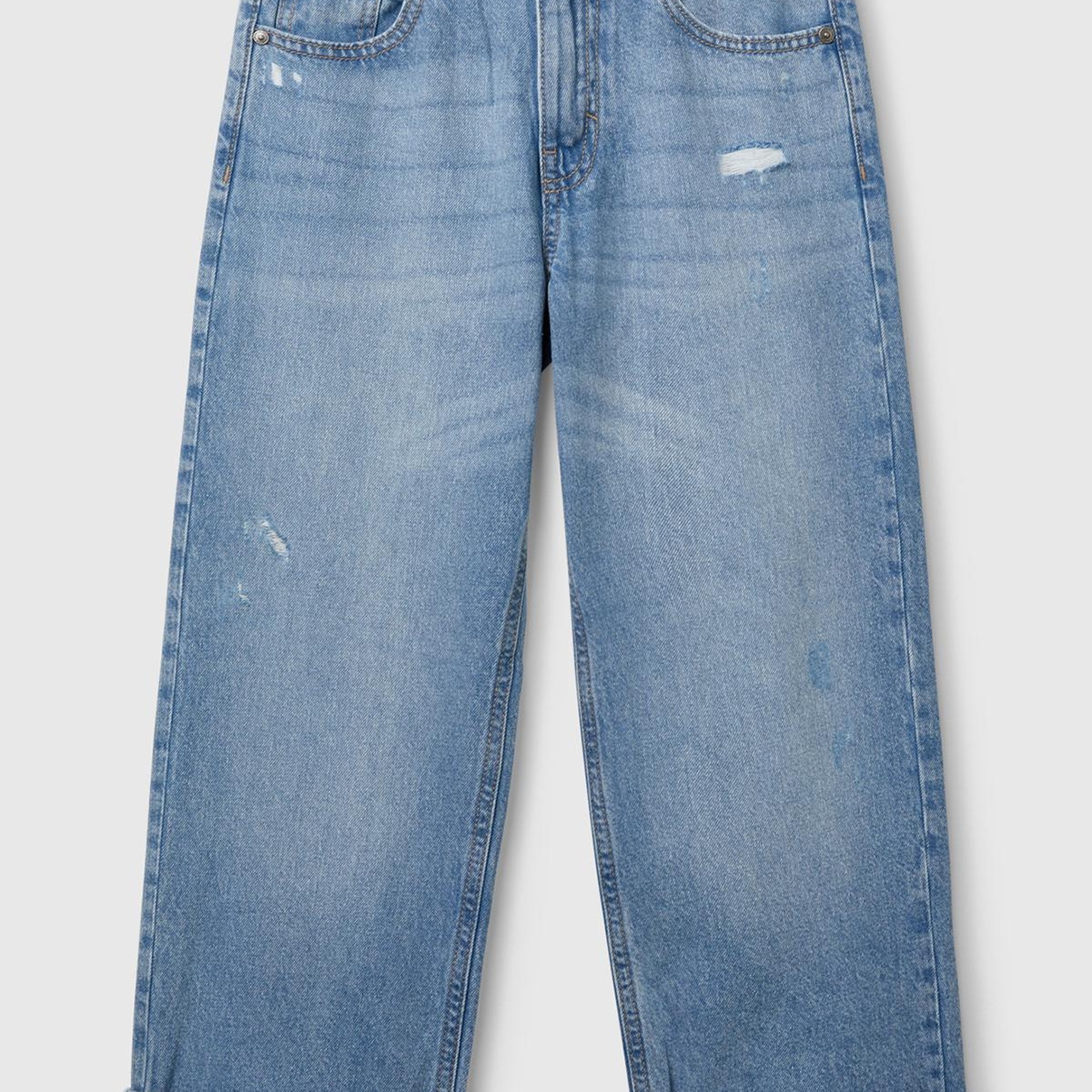 Erkek Çocuk Açık Denim Yırtıklı Eskitilmiş Efektli Straight Fit Denim Pantolon