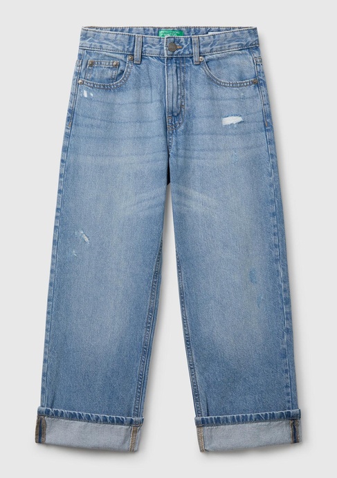  Erkek Çocuk Açık Denim Yırtıklı Eskitilmiş Efektli Straight Fit Denim Pantolon