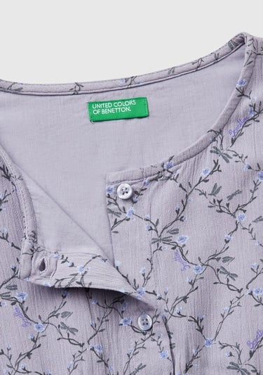  Kız Çocuk Mor Viskozlu Desenli Önü Düğmeli Pileli Katlı Kısa Kollu Elbise