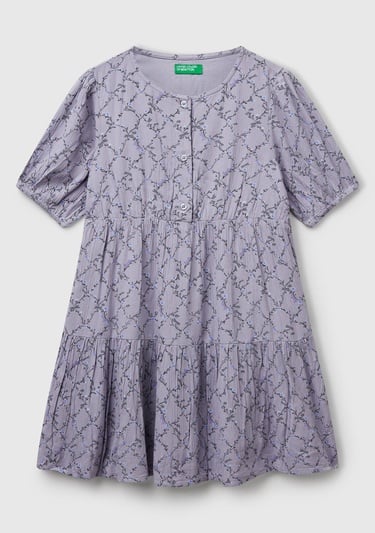  Kız Çocuk Mor Viskozlu Desenli Önü Düğmeli Pileli Katlı Kısa Kollu Elbise