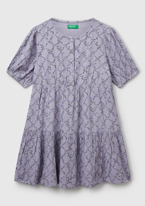  Kız Çocuk Mor Viskozlu Desenli Önü Düğmeli Pileli Katlı Kısa Kollu Elbise