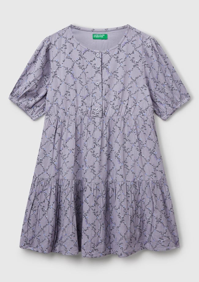  Kız Çocuk Mor Viskozlu Desenli Önü Düğmeli Pileli Katlı Kısa Kollu Elbise