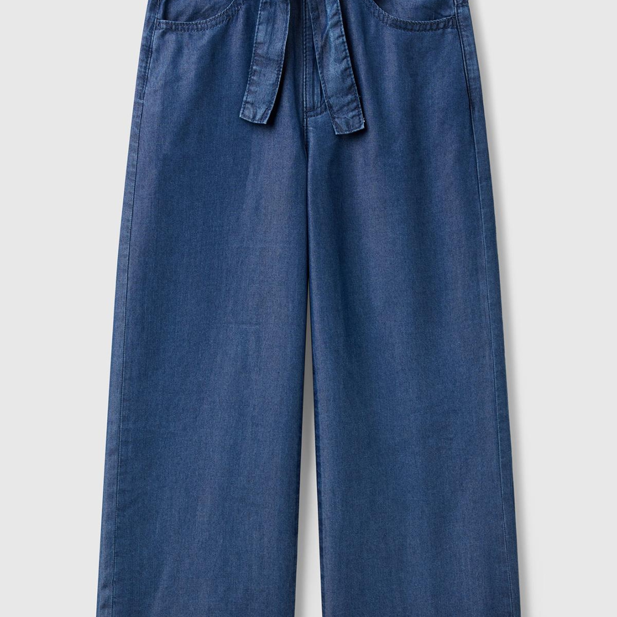 Kız Çocuk Koyu Denim %100 Liyosel Beli Kuşaklı Wide Fit Denim Pantolon