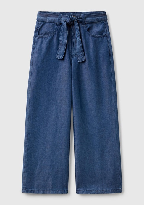  Kız Çocuk Koyu Denim %100 Liyosel Beli Kuşaklı Wide Fit Denim Pantolon