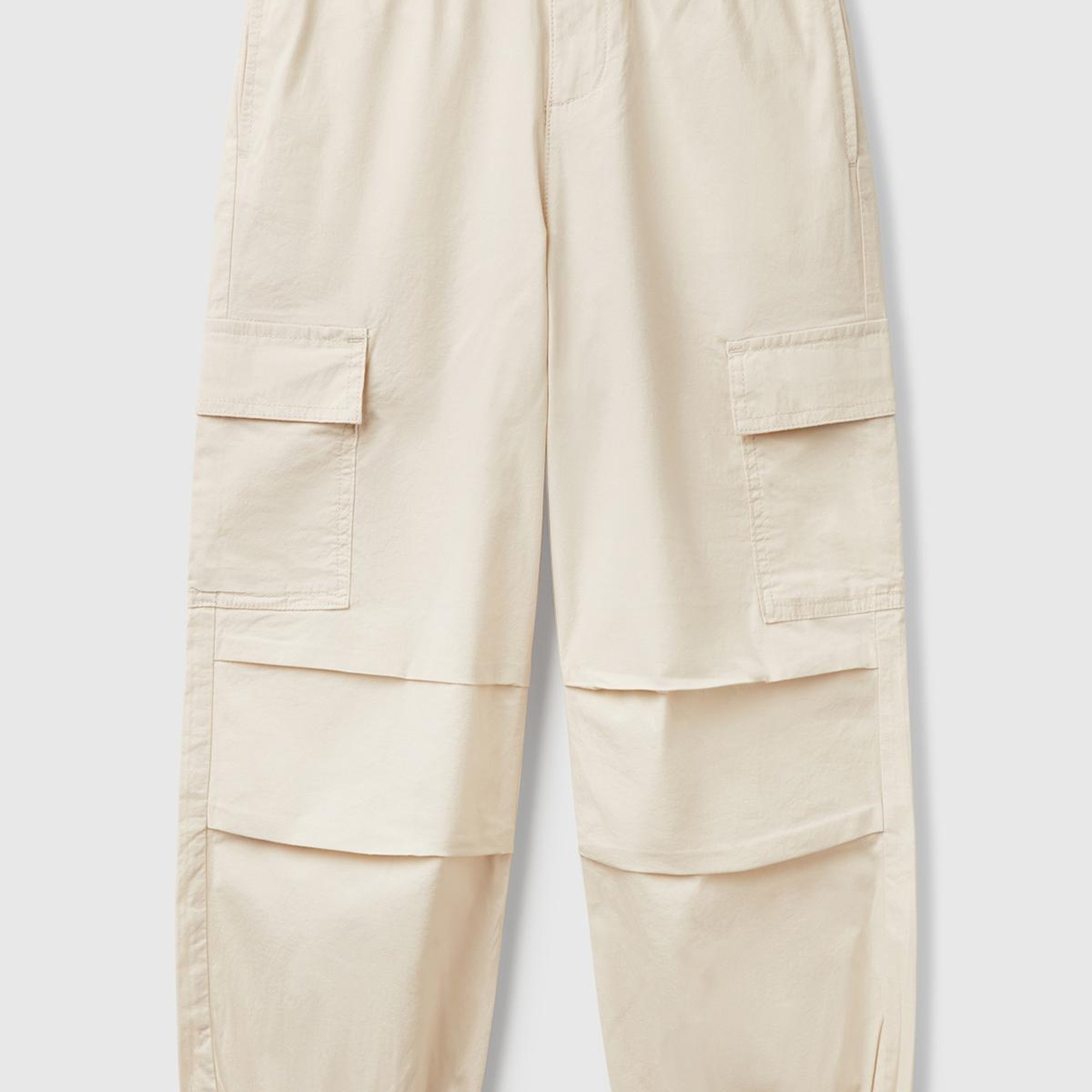 Kız Çocuk Krem Logo İşlemeli Beli Lastikli Streç Kargo Pantolon