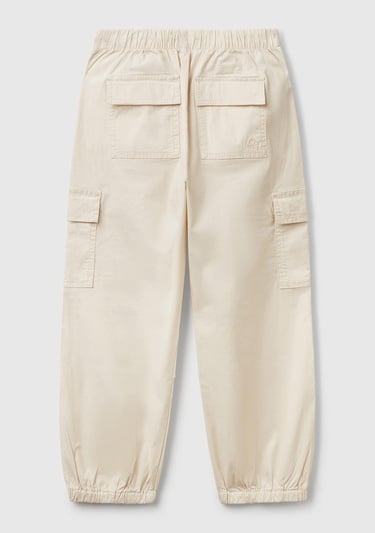  Kız Çocuk Krem Logo İşlemeli Beli Lastikli Streç Kargo Pantolon
