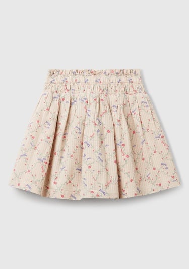  Kız Çocuk Ekru Gofre Kumaş Çiçek Desenli Beli Lastikli Kuşaklı Etek