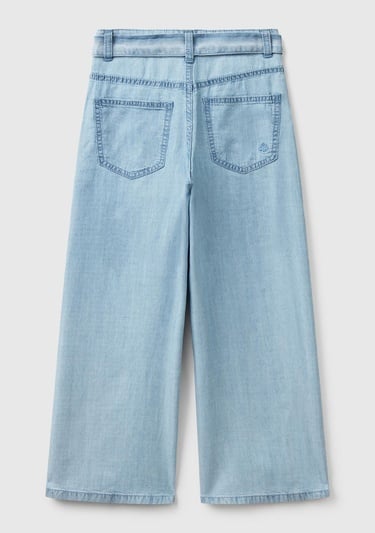  Kız Çocuk Açık Denim %100 Liyosel Beli Kuşaklı Wide Fit Denim Pantolon