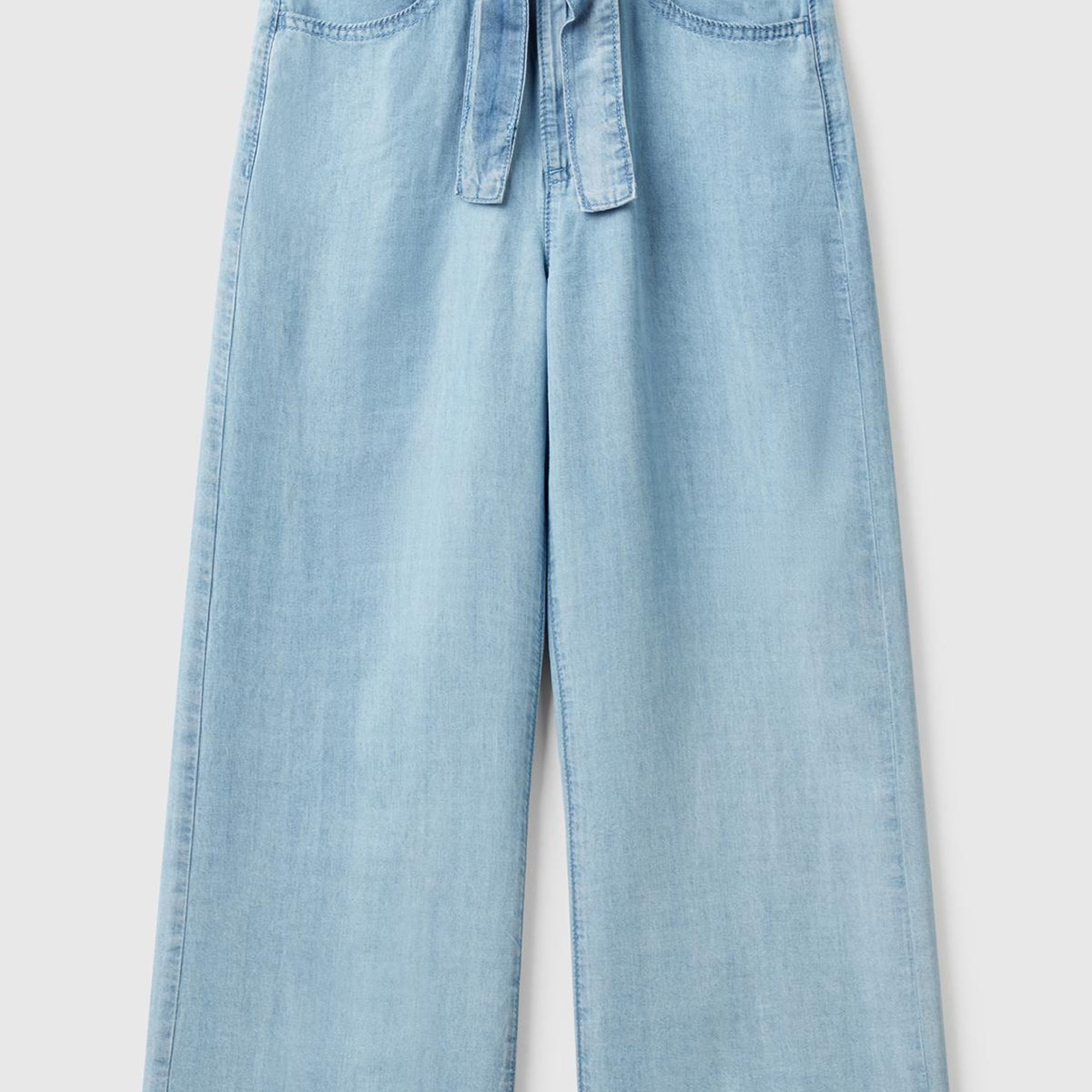 Kız Çocuk Açık Denim %100 Liyosel Beli Kuşaklı Wide Fit Denim Pantolon