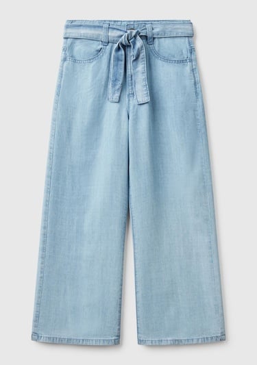  Kız Çocuk Açık Denim %100 Liyosel Beli Kuşaklı Wide Fit Denim Pantolon