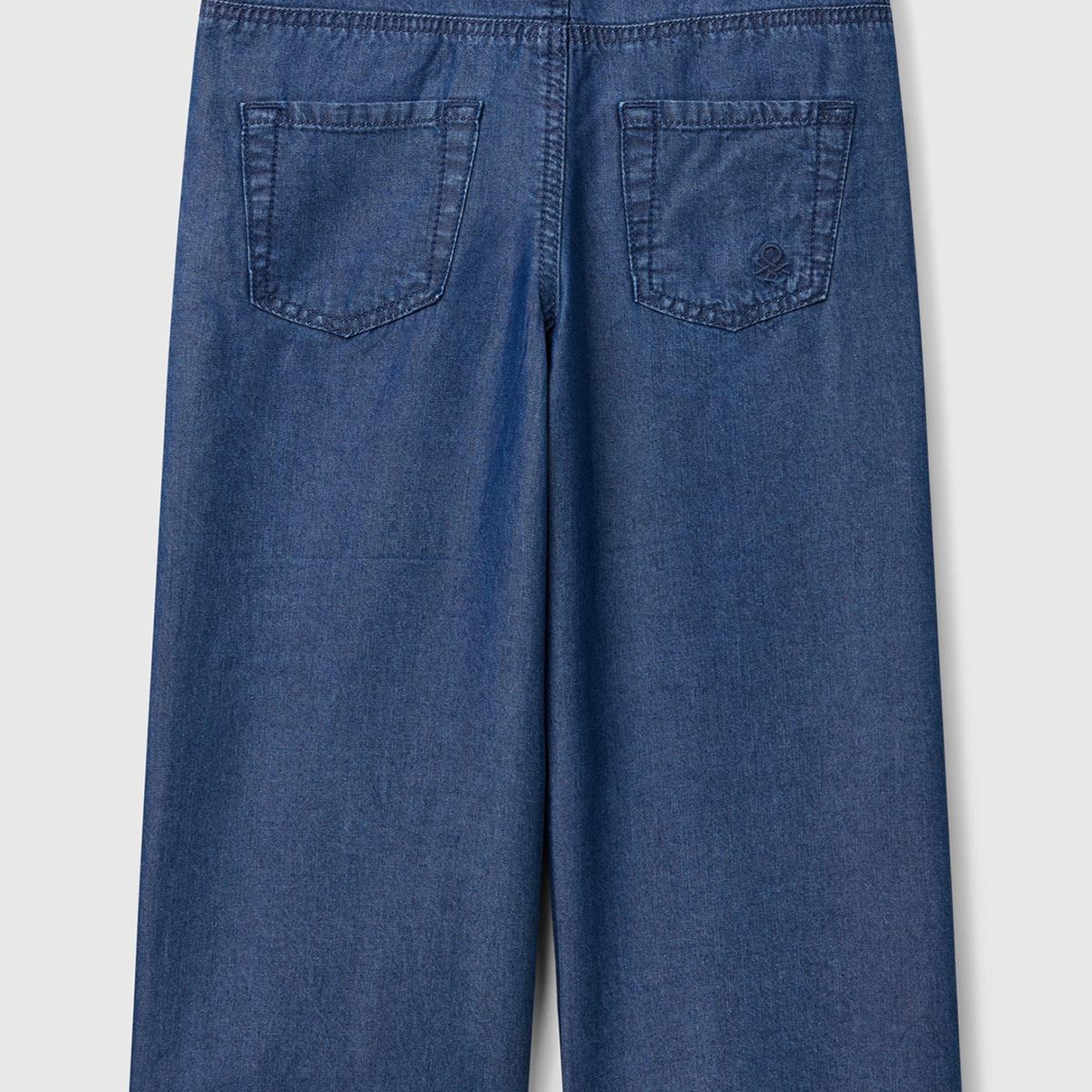 Kız Çocuk Koyu Denim %100 Liyosel Taş Yıkama Kuşaklı Wide Leg Denim Pantolon