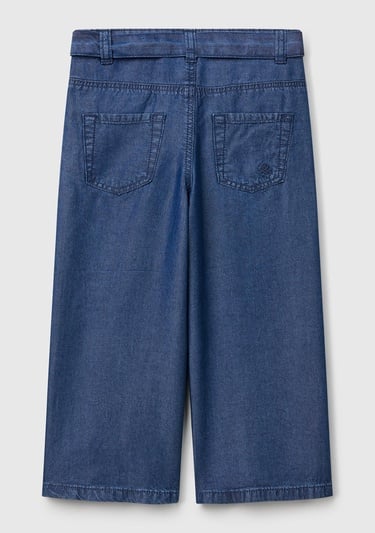  Kız Çocuk Koyu Denim %100 Liyosel Taş Yıkama Kuşaklı Wide Leg Denim Pantolon