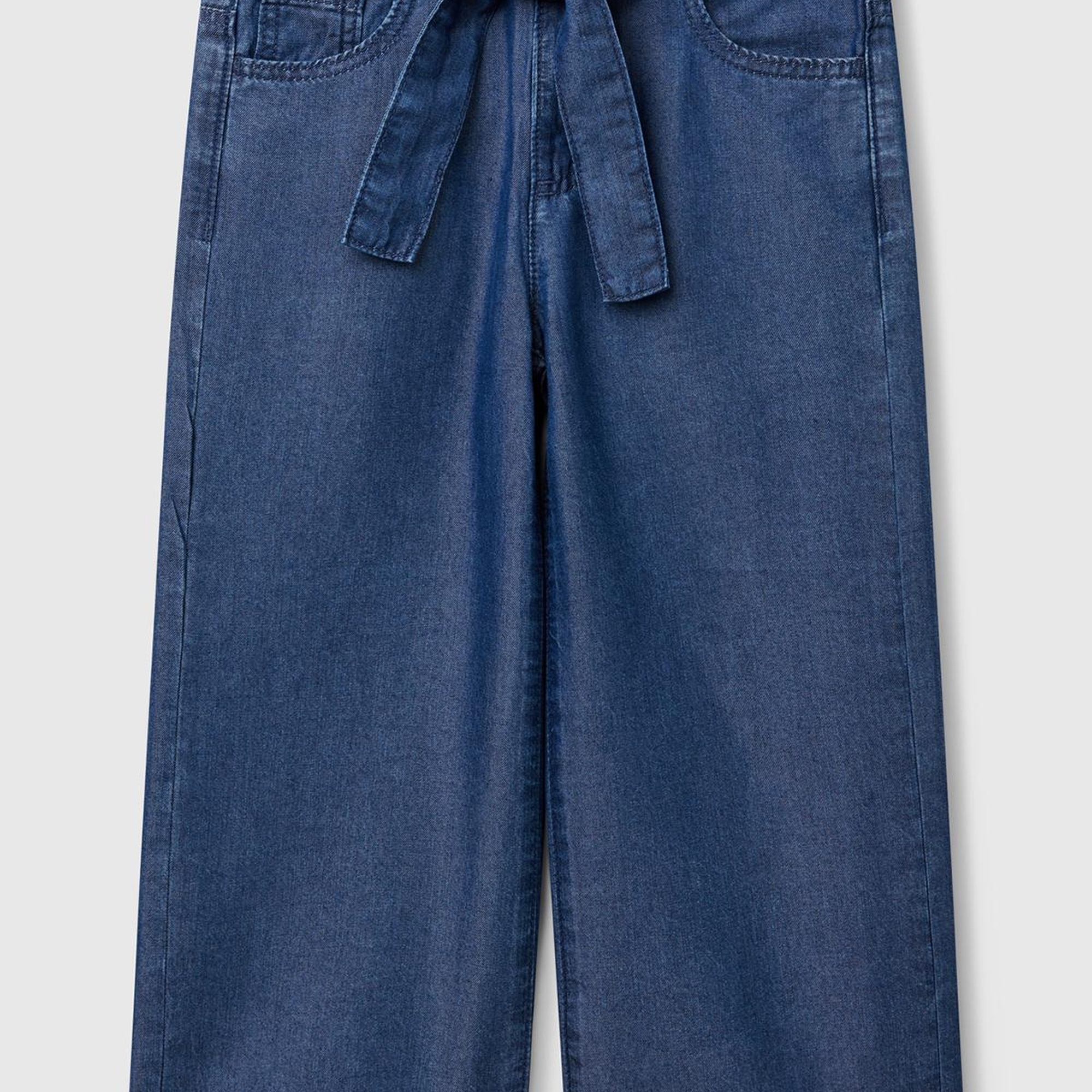 Kız Çocuk Koyu Denim %100 Liyosel Taş Yıkama Kuşaklı Wide Leg Denim Pantolon