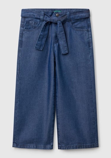  Kız Çocuk Koyu Denim %100 Liyosel Taş Yıkama Kuşaklı Wide Leg Denim Pantolon