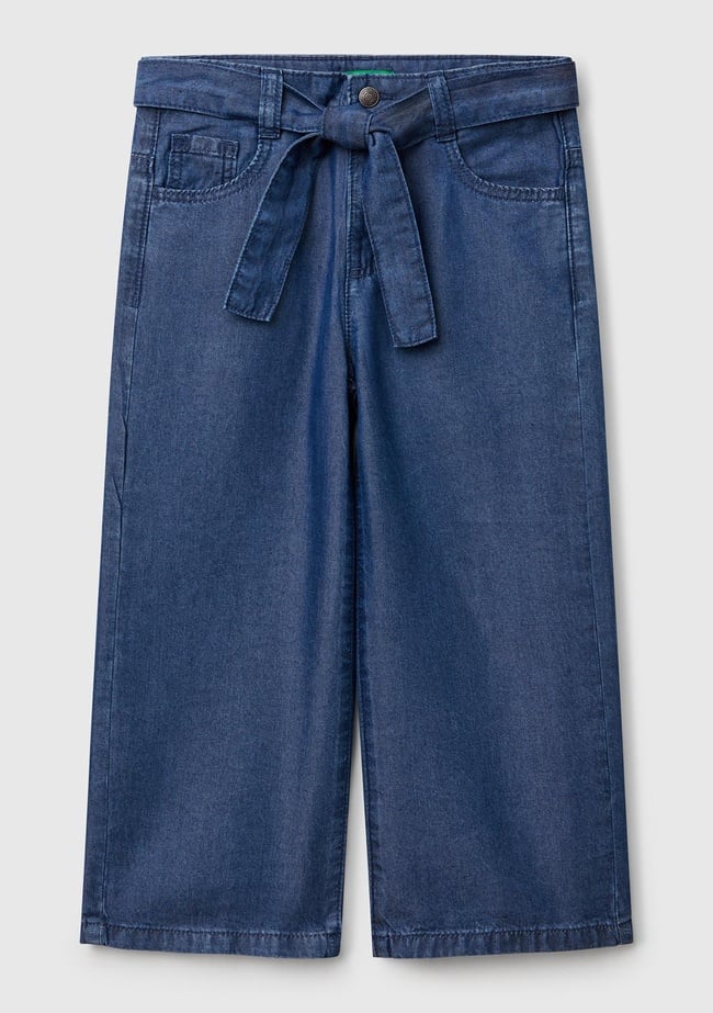  Kız Çocuk Koyu Denim %100 Liyosel Taş Yıkama Kuşaklı Wide Leg Denim Pantolon