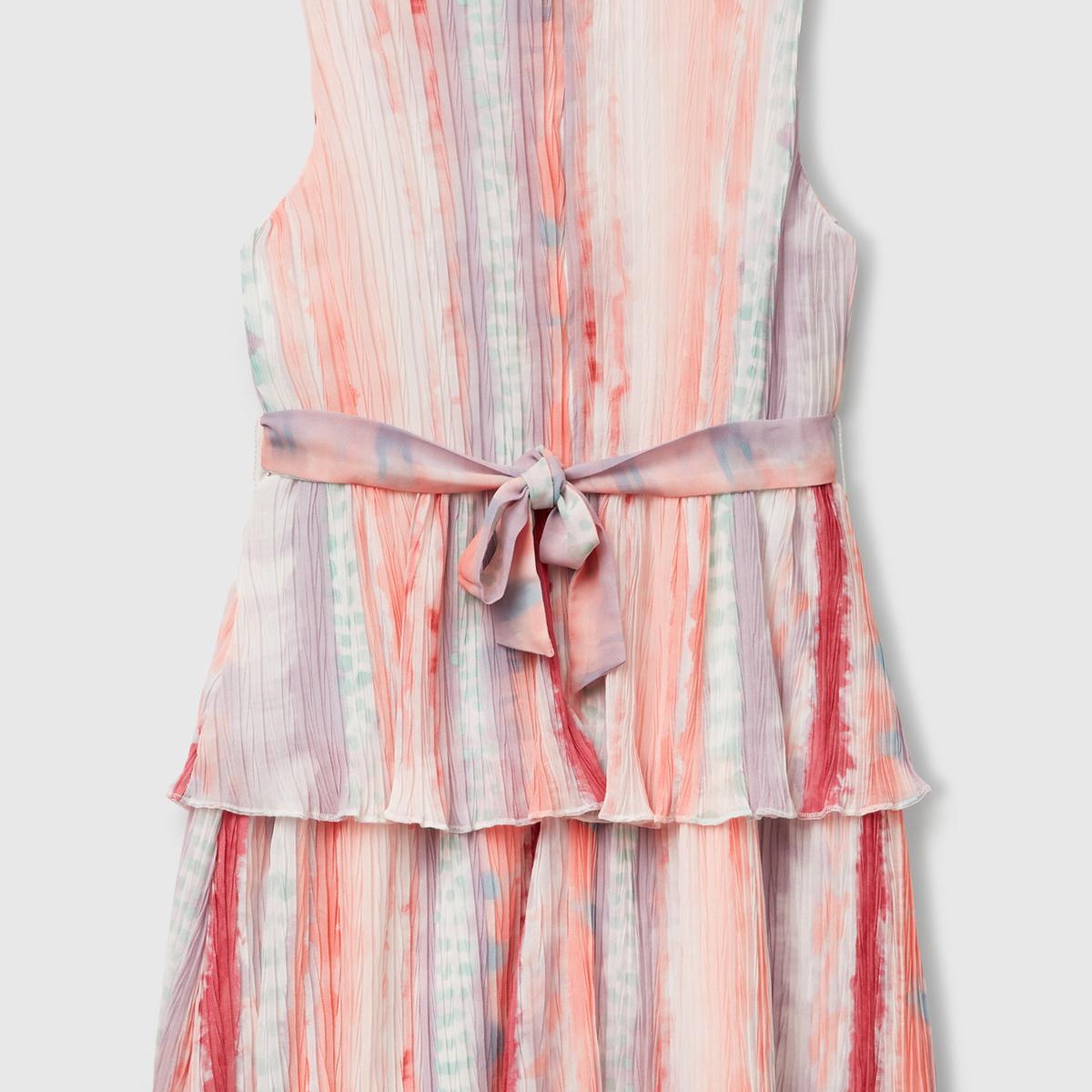 Kız Çocuk Renkli Tamamı Desenli Pileli Kuşaklı Kolsuz Katlı Elbise