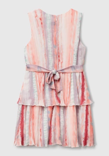  Kız Çocuk Renkli Tamamı Desenli Pileli Kuşaklı Kolsuz Katlı Elbise