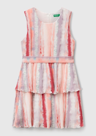  Kız Çocuk Renkli Tamamı Desenli Pileli Kuşaklı Kolsuz Katlı Elbise