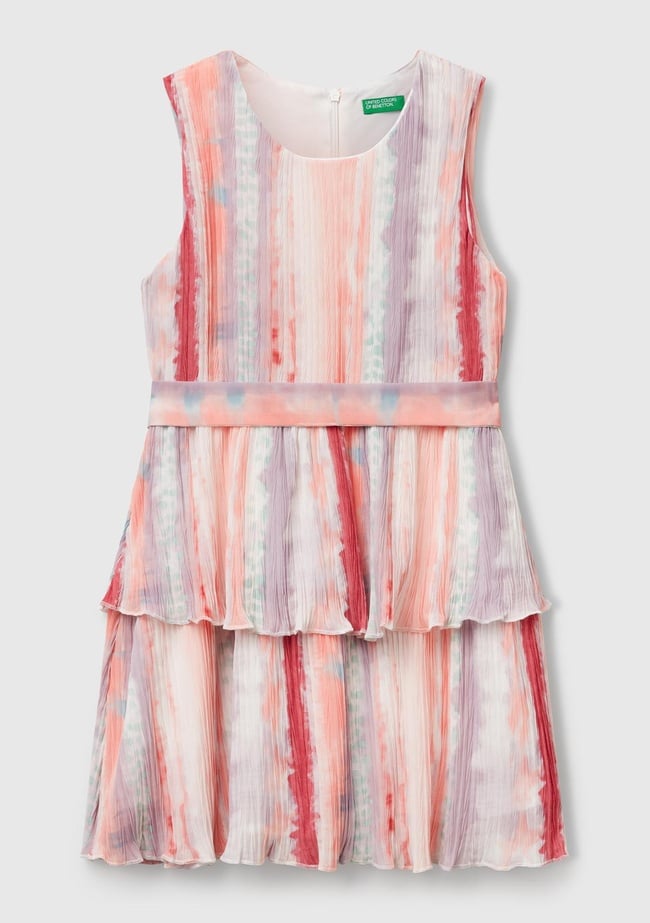  Kız Çocuk Renkli Tamamı Desenli Pileli Kuşaklı Kolsuz Katlı Elbise