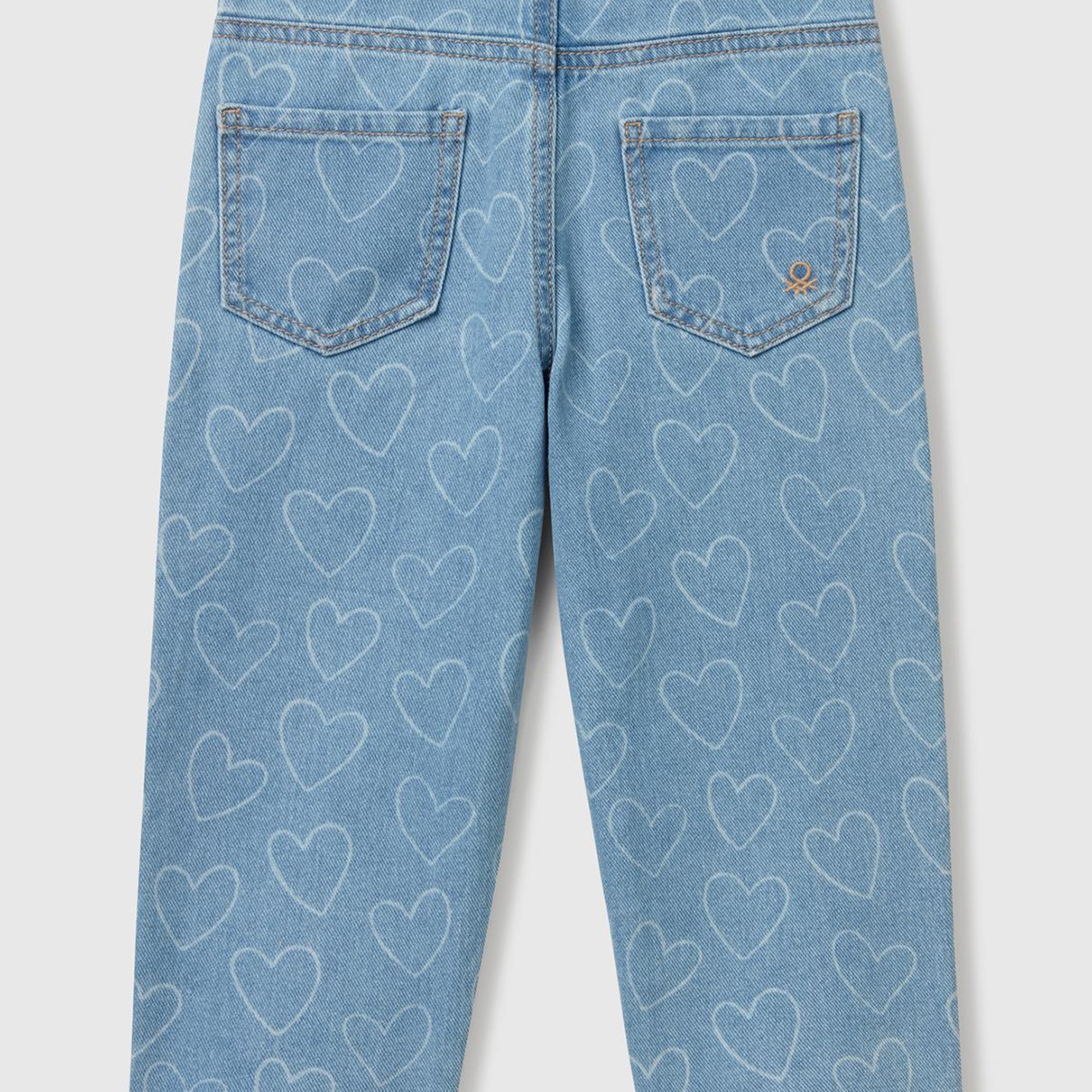 Kız Çocuk Denim Kalp Baskılı Beli Lastikli Mom Fit Denim Pantolon