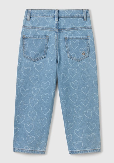  Kız Çocuk Denim Kalp Baskılı Beli Lastikli Mom Fit Denim Pantolon