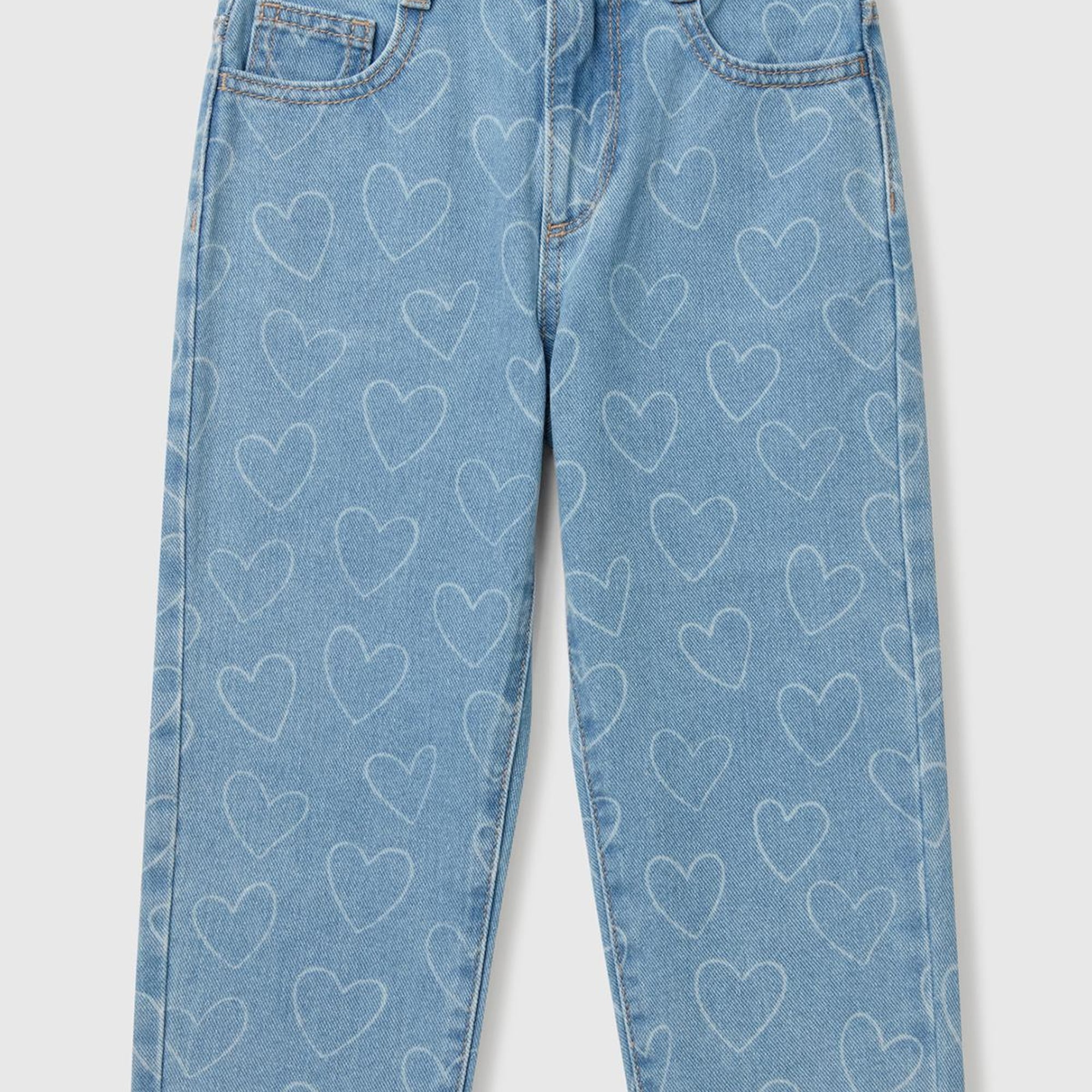 Kız Çocuk Denim Kalp Baskılı Beli Lastikli Mom Fit Denim Pantolon