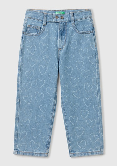  Kız Çocuk Denim Kalp Baskılı Beli Lastikli Mom Fit Denim Pantolon
