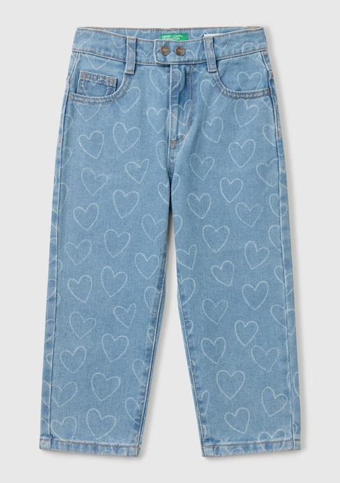  Kız Çocuk Denim Kalp Baskılı Beli Lastikli Mom Fit Denim Pantolon