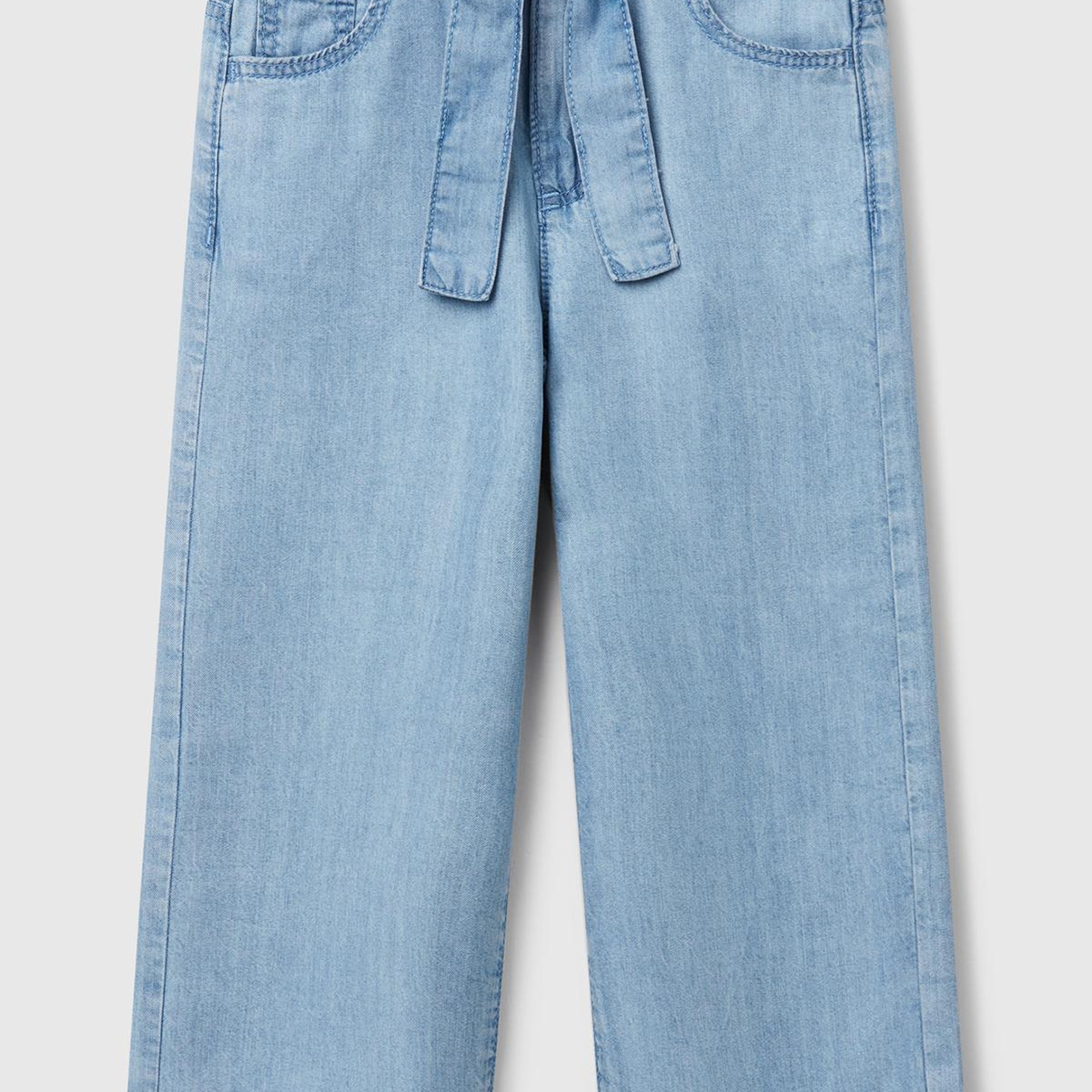 Kız Çocuk Açık Denim %100 Liyosel Taş Yıkama Kuşaklı Wide Leg Denim Pantolon