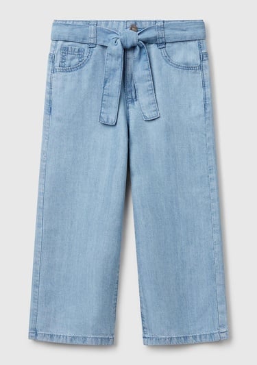  Kız Çocuk Açık Denim %100 Liyosel Taş Yıkama Kuşaklı Wide Leg Denim Pantolon