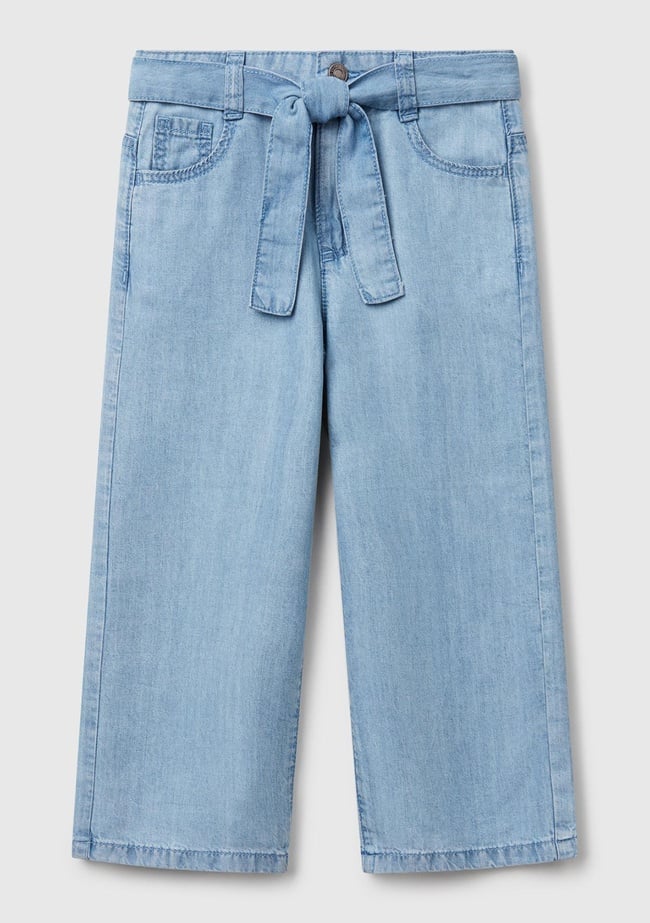  Kız Çocuk Açık Denim %100 Liyosel Taş Yıkama Kuşaklı Wide Leg Denim Pantolon