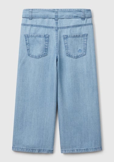  Kız Çocuk Açık Denim %100 Liyosel Taş Yıkama Kuşaklı Wide Leg Denim Pantolon