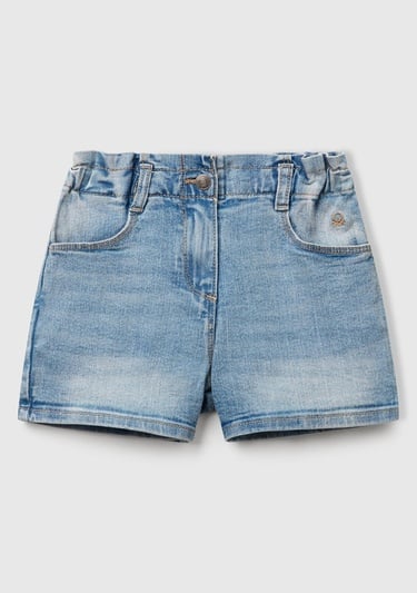  Kız Çocuk Açık Denim Logolu Taş Yıkama Beli Lastikli Streç Denim Şort